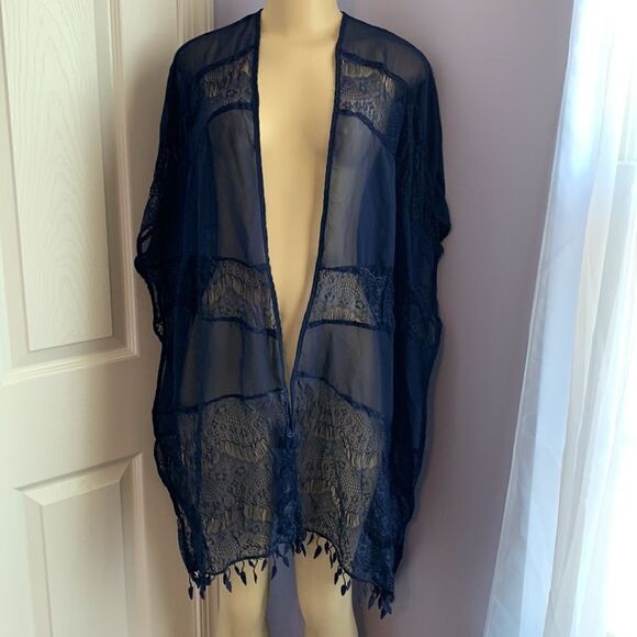 Designer Swimwear Lace Trim Cover-up Kimono Wrap M Navy - Picture 2 of 10